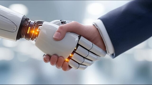 A human hand shakes a robotic hand in a modern office setting. The human is wearing a suit, symbolizing collaboration between technology and humanity.