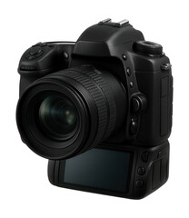 DSLR camera with display, essential for videographers and bloggers, isolated on a plain background.