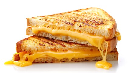 A close up shot of two grilled cheese sandwiches stacked on top of each other with melted cheese dripping