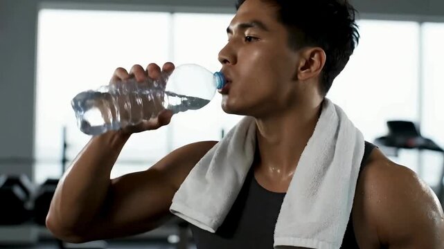 Athletic man taking a supplement pill and drinking water after a gym workout