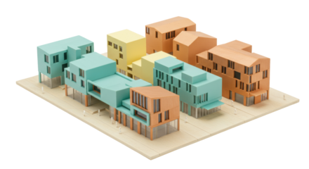 Architectural model of colorful buildings isolated on a neutral base, miniature city planning concept for urban development and design