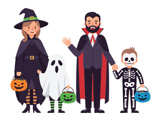 Halloween Family in Costumes: A family is posing in their Halloween costumes holding a trick or treat pumpkin bucket. Embrace the spirit of Halloween with this illustrated family portrait.