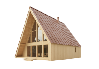 A-frame house isolated on transparent background, modern cabin with wooden facade and copper roof for real estate and architectural design