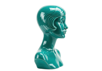 Teal female mannequin head isolated on white, vintage style bust for jewelry display and fashion photography