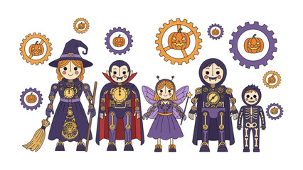Steampunk Halloween Family in Costume: Whimsical illustration of a family embracing the festive spirit of Halloween with steampunk-inspired costumes.