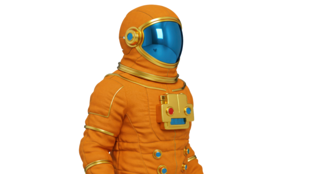 Orange astronaut suit isolated PNG, space explorer costume for science fiction and futuristic design projects