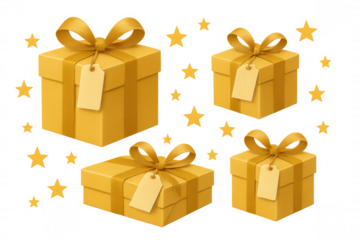 Four golden gift boxes with ribbons, bows, and blank tags, symbolizing celebration, surprise, and generous giving. Transparent background