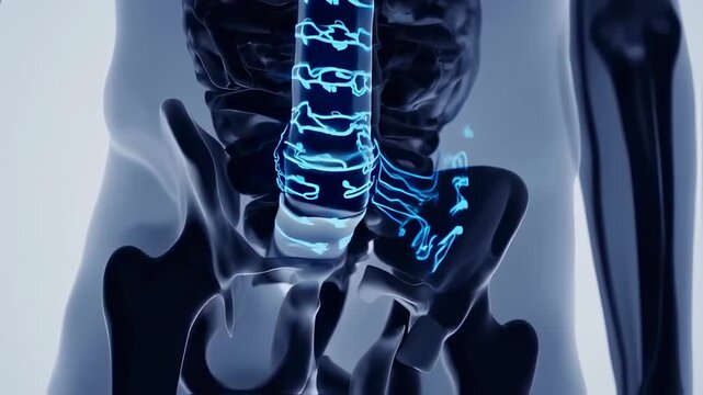 Close up of glowing blue human spine and pelvis anatomy.