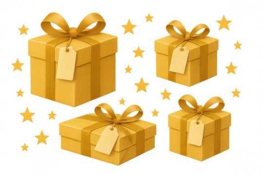 Four golden gift boxes with ribbons, bows, and blank tags, symbolizing celebration, surprise, and generous giving. Transparent background