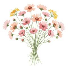 Watercolor bouquet of pink and peach flowers with yellow accents isolated on white background