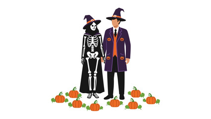 Halloween Couple with Pumpkins: A woman in a skeleton costume and a man in a witch costume stand among a patch of pumpkins, ready for Halloween festivities.