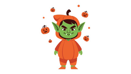 Spooky Pumpkin Goblin: A festive illustration of a goblin in a charming pumpkin costume, surrounded by floating jack-o'-lanterns, perfect for Halloween season. 