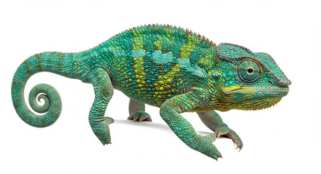 Exotico camaleon verde azulado fotografiado con luz de estudio que realza su textura y color