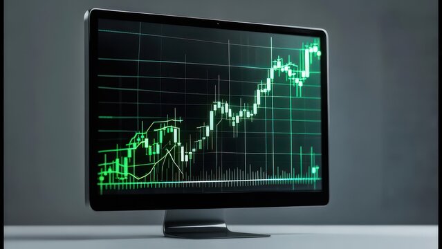 Sleek Monitor Displays Glowing Green Bullish Financial Market Data - Powered by Adobe
