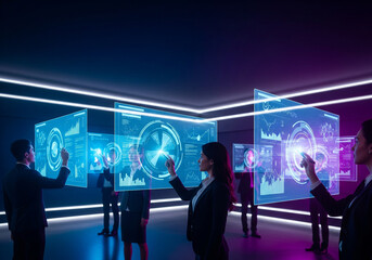 Futuristic Business Professionals Analyzing Data on Holographic Screens
