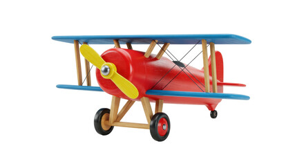 Red and blue wooden toy biplane isolated on transparent background, vintage airplane model for kids room decor © Hans