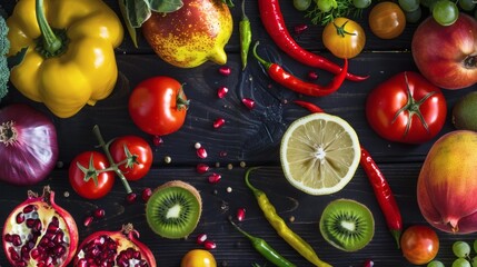 A top view of colorful fruits and vegetables artistically arranged on a dark wooden surface, featuring tomatoes on the vine, yellow bell pepper, chili peppers, kiwi slices, lemon, fresh green