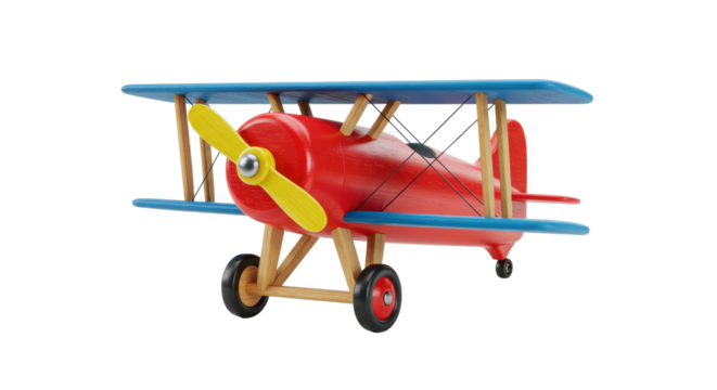 Red and blue wooden toy biplane isolated on transparent background, vintage airplane model for kids room decor
