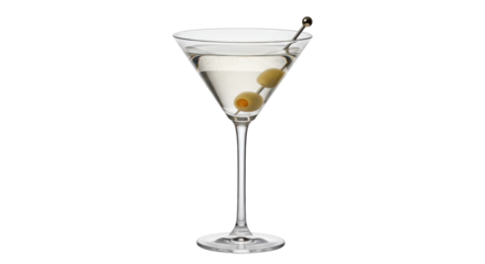 Classic martini cocktail with olives isolated on transparent background, elegant alcoholic beverage for bars and celebrations