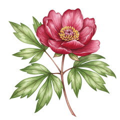 Watercolor crimson peony blossom with golden stamens and variegated green leaves isolated on white background