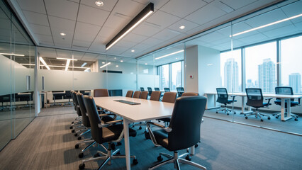 Modern office conference room with large table and ergonomic chairs, featuring glass walls and city skyline view