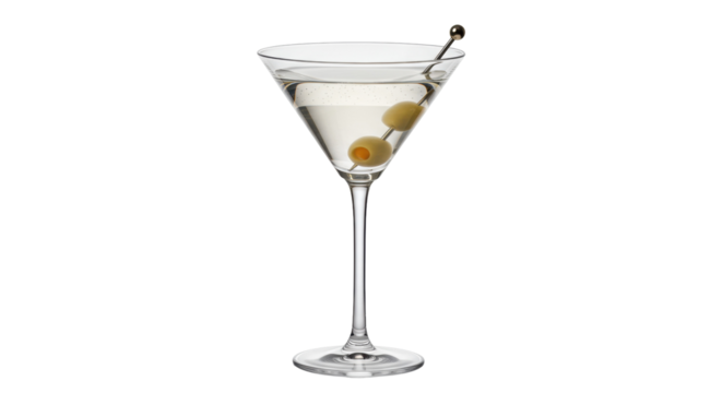 Classic martini cocktail with olives isolated on transparent background, elegant alcoholic beverage for bars and celebrations
