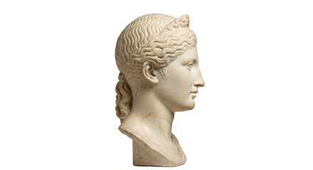 Marble bust of a woman isolated on transparent background, ancient Greek sculpture of a goddess or...