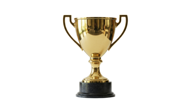 Golden trophy cup isolated on transparent background, award for winning a competition or championship