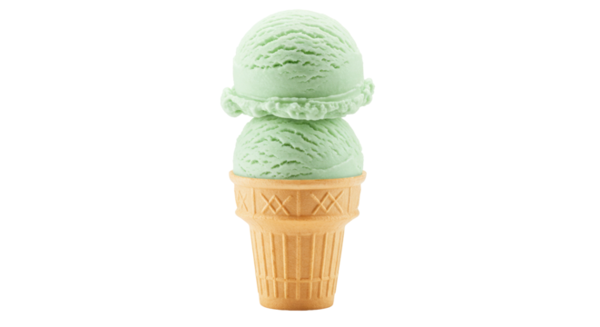 Pistachio ice cream cone isolated on transparent background, two scoops of green icecream in waffle cone PNG