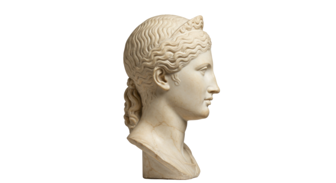 Marble bust of a woman isolated on transparent background, ancient Greek sculpture of a goddess or noblewoman in classical style