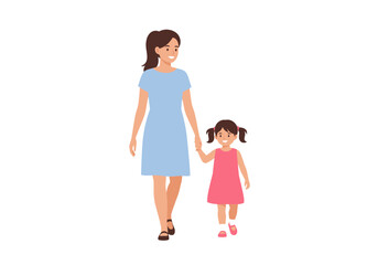 A mother and daughter are walking handinhand