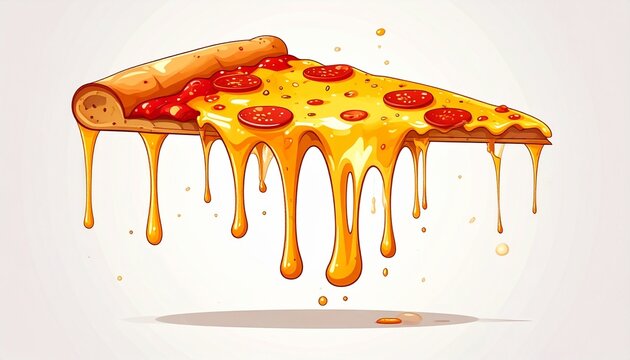 A vector drawing of a pizza slice with dripping cheese flat cartoon style isolated on white background
