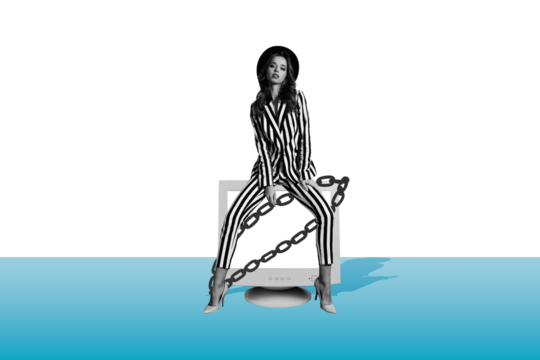 Creative poster collage of young female businesswoman monitor computer chain prisoner bizarre unusual fantasy billboard comics