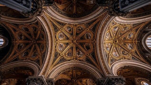 Ornate Gold-Painted Ceiling of a Historical Cathedral
