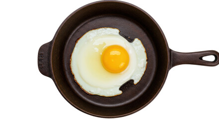 Fried egg in cast iron skillet isolated, sunny side up breakfast food on no background for cooking and healthy eating