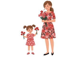 A woman and child hold flower bouquets both wear matching floral dresses