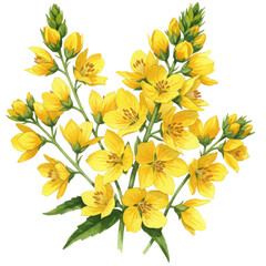 Watercolor yellow flowers with green buds and leaves botanical illustration isolated on white background
