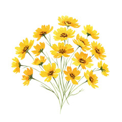Watercolor bouquet of bright yellow flowers with detailed petals and green stems isolated on white background
