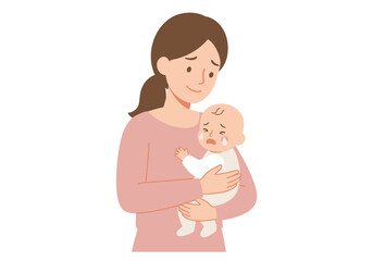 A woman in pink holds a crying baby in a white outfit