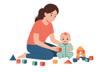 A woman plays with blocks alongside a baby who is sitting in front of a halfbuilt block tower