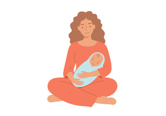 A woman with curly hair sits crosslegged holding a sleeping baby wrapped in a blue blanket