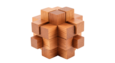 Wooden burr puzzle isolated on transparent background, interlocking brain teaser for problem solving and spatial reasoning skills