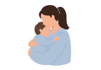 Faceless woman hugging a child with tan skin and brown hair both in pale blue shirts