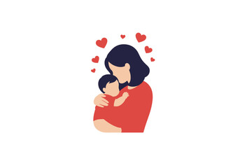 Mother and baby are depicted in a minimalist illustration surrounded by small red hearts