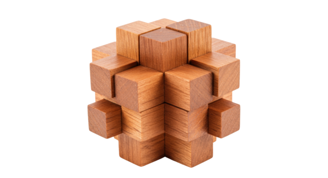 Wooden burr puzzle isolated on transparent background, interlocking brain teaser for problem solving and spatial reasoning skills