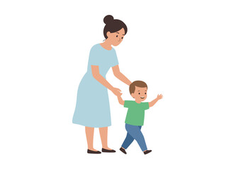 Obraz premium Woman assists a toddler as they walk together holding hands