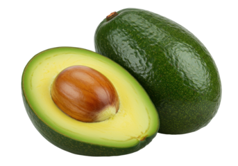 Fresh avocado with seed isolated on transparent background, healthy green fruit for vegan diet and cooking