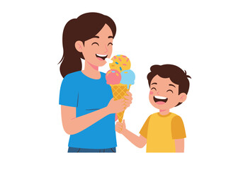 Fototapeta premium Woman eats a 3scoop ice cream as boy smiles