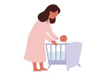 Woman in robe standing near crib with baby both are brown skinned