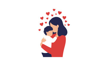 Woman in red holds child surrounded by hearts